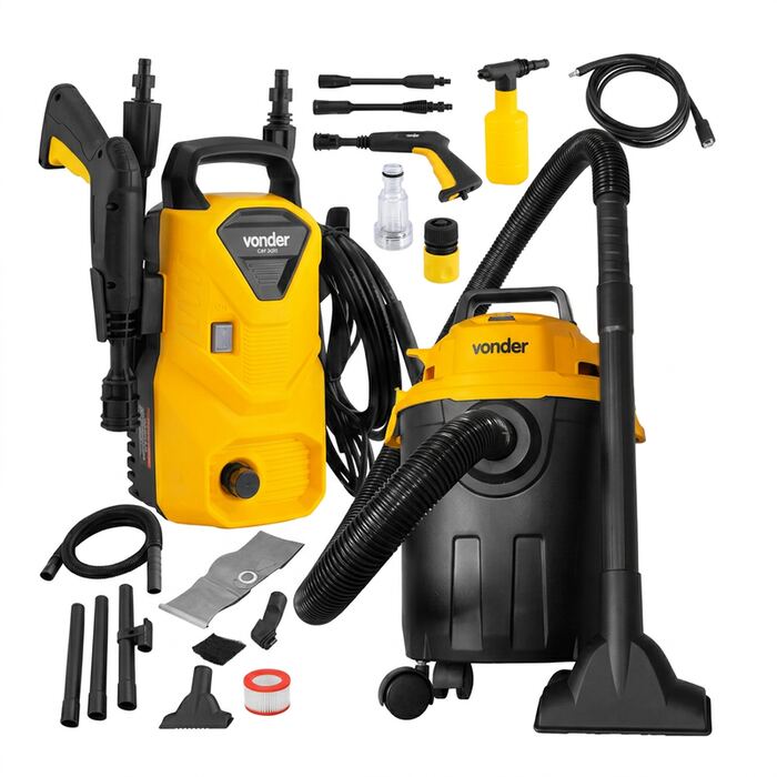 Kit Hidrolavadora Alta Presión Potente 1200W + Aspiradora Polvo y Agua Vonder