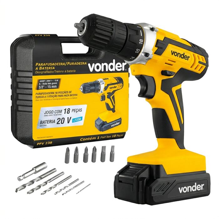 Atornillador y Taladro a Batería PFV 238 Completo con Maletín de Transporte y Accesorios - Vonder